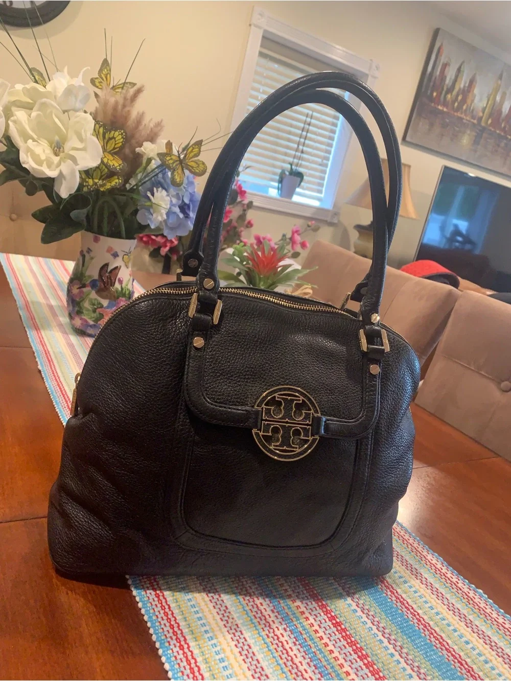 Tory Burch Black Pebbled Leather Satchel with Logo Medallion